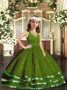 Green V-neck Neckline Ruffled Layers Kids Formal Wear Sleeveless Zipper