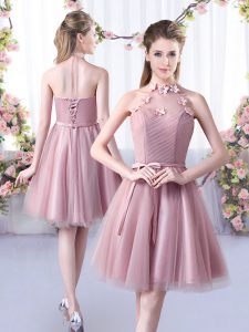 Fine Knee Length Pink Quinceanera Court Dresses Halter Top Sleeveless Lace Up