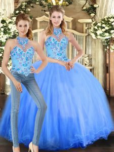 Floor Length Lace Up Vestidos de Quinceanera Blue for Sweet 16 and Quinceanera with Embroidery