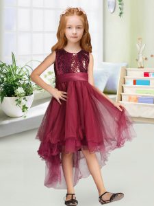 Burgundy Sleeveless Sequins and Bowknot High Low Little Girls Pageant Gowns