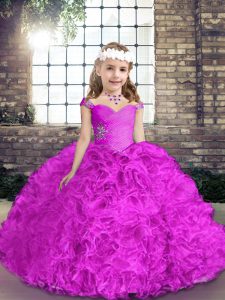 Custom Design Beading Kids Formal Wear Fuchsia Lace Up Sleeveless Floor Length