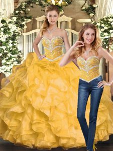 Floor Length Gold 15 Quinceanera Dress Sweetheart Sleeveless Lace Up