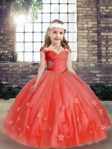 Sleeveless Beading and Hand Made Flower Lace Up Little Girl Pageant Gowns with Coral Red