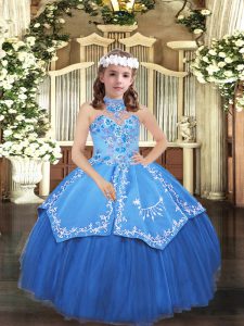 Lovely High-neck Sleeveless Lace Up Little Girls Pageant Dress Wholesale Blue Tulle