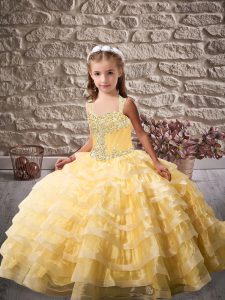 Beading and Ruffled Layers Girls Pageant Dresses Gold Lace Up Sleeveless Brush Train