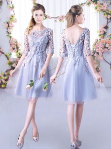 Mini Length Lace Up Dama Dress for Quinceanera Grey for Wedding Party with Lace
