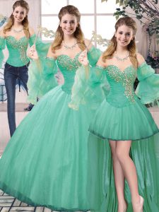 Turquoise Sleeveless Beading Floor Length Ball Gown Prom Dress