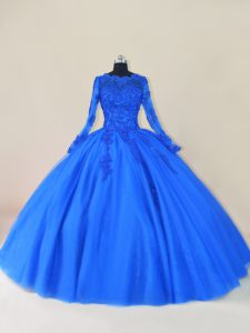 Unique Long Sleeves Tulle Floor Length Zipper Ball Gown Prom Dress in Royal Blue with Lace and Appliques