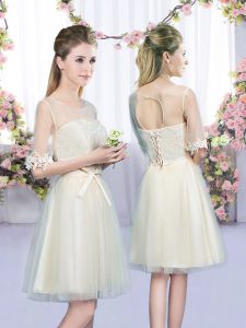 Half Sleeves Mini Length Lace and Bowknot Lace Up Damas Dress with Champagne