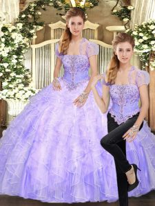 Dynamic Beading and Appliques and Ruffles Quinceanera Dresses Lavender Lace Up Sleeveless Floor Length