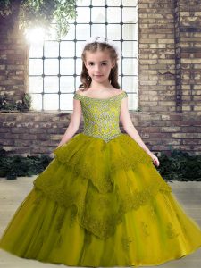 Floor Length Olive Green Child Pageant Dress Off The Shoulder Sleeveless Lace Up