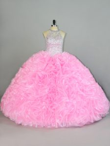Noble Baby Pink Ball Gowns Beading and Ruffles Quinceanera Gown Lace Up Organza Sleeveless Floor Length