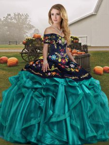 Teal Lace Up 15th Birthday Dress Embroidery and Ruffles Sleeveless Floor Length