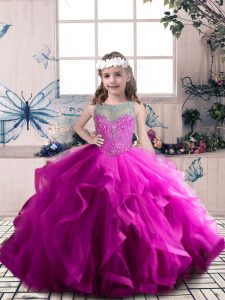 Beading and Ruffles Little Girls Pageant Dress Wholesale Fuchsia Lace Up Sleeveless Floor Length
