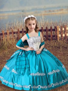 Beading and Embroidery Pageant Gowns For Girls Teal Lace Up Sleeveless Floor Length