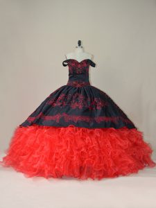 Exceptional Sleeveless Embroidery and Ruffles Lace Up Quinceanera Gown with Red And Black Brush Train