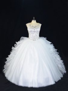 White Ball Gowns Beading Quinceanera Gowns Lace Up Organza Sleeveless Floor Length