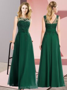 Custom Designed Dark Green Chiffon Zipper Scoop Sleeveless Floor Length Quinceanera Court Dresses Beading and Appliques