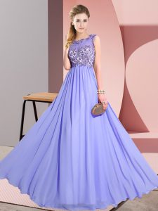 Sleeveless Chiffon Floor Length Backless Quinceanera Dama Dress in Lavender with Beading and Appliques