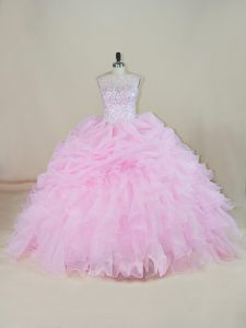 Hot Selling Pink Sleeveless Organza Brush Train Backless Quinceanera Dresses for Sweet 16 and Quinceanera
