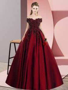 Wine Red Satin Zipper Off The Shoulder Sleeveless Floor Length Quinceanera Dress Lace