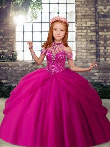 Trendy Fuchsia Ball Gowns Beading Little Girls Pageant Gowns Lace Up Tulle Sleeveless Floor Length