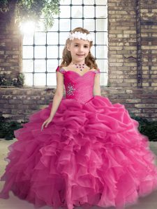 Hot Pink Sleeveless Floor Length Beading and Ruffles and Pick Ups Lace Up Little Girls Pageant Gowns