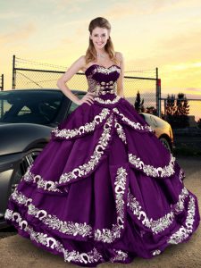 Floor Length Purple Sweet 16 Quinceanera Dress Satin Sleeveless Embroidery and Ruffled Layers
