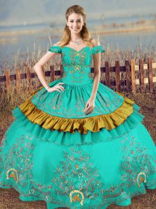 Popular Sleeveless Satin Floor Length Lace Up Sweet 16 Dresses in Turquoise with Embroidery