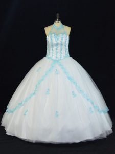 Floor Length Blue And White 15 Quinceanera Dress Tulle Sleeveless Appliques