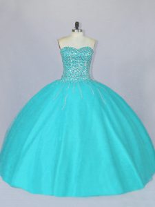 Beauteous Sleeveless Floor Length Beading Lace Up Sweet 16 Dress with Aqua Blue