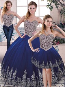 Royal Blue Sweetheart Lace Up Embroidery Sweet 16 Quinceanera Dress Sleeveless