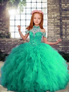 Adorable Halter Top Sleeveless Pageant Gowns For Girls Floor Length Beading and Ruffles Turquoise Tulle