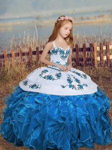 Fashion Sleeveless Chiffon Floor Length Little Girls Pageant Gowns in Blue with Embroidery and Ruffles