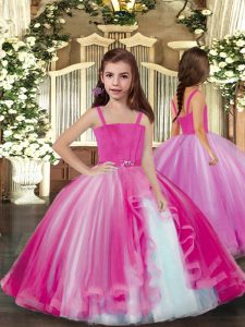 Adorable Lilac Ball Gowns Straps Sleeveless Tulle Floor Length Lace Up Beading Little Girls Pageant Gowns