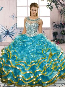 Blue Organza Lace Up Quinceanera Dress Sleeveless Floor Length Beading and Ruffles