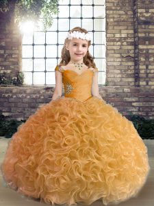 Simple Straps Sleeveless Lace Up Little Girls Pageant Gowns Gold Fabric With Rolling Flowers