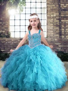 Aqua Blue Little Girl Pageant Dress Party and Wedding Party with Beading and Ruffles Straps Sleeveless Lace Up