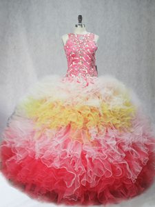 Simple Multi-color Scoop Neckline Beading and Ruffles Quinceanera Gown Sleeveless Zipper