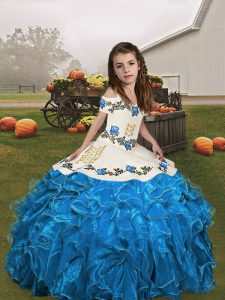 Blue and Baby Blue Ball Gowns Embroidery and Ruffles Little Girls Pageant Dress Wholesale Lace Up Organza Sleeveless Floor Length