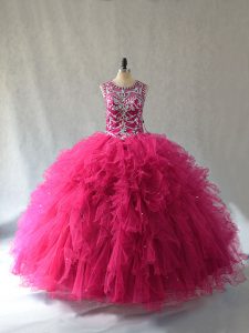 High Quality Lace Up 15th Birthday Dress Hot Pink for Sweet 16 and Quinceanera with Beading