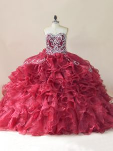 Wine Red Lace Up Quinceanera Gown Beading and Appliques and Ruffles Sleeveless Brush Train