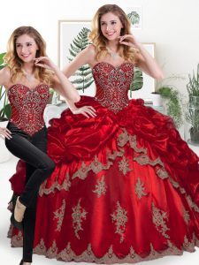 Wine Red Two Pieces Sweetheart Sleeveless Organza Floor Length Lace Up Beading and Appliques and Pick Ups Quinceanera Dress