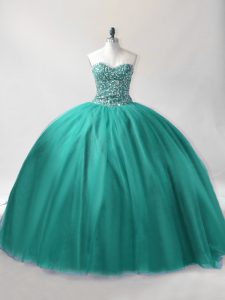Low Price Turquoise Ball Gowns Tulle Sweetheart Sleeveless Beading Floor Length Lace Up Quinceanera Gown