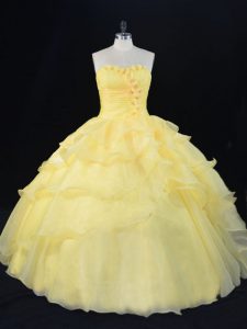 Floor Length Yellow Sweet 16 Dresses Sweetheart Sleeveless Lace Up