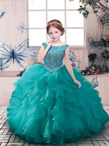 Teal Sleeveless Floor Length Beading and Ruffles Zipper Pageant Gowns For Girls