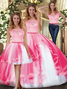Stylish Hot Pink Sleeveless Lace and Ruffles Floor Length Sweet 16 Quinceanera Dress