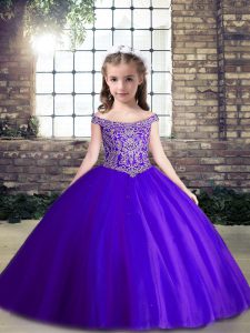 Tulle Off The Shoulder Sleeveless Lace Up Beading Kids Formal Wear in Purple