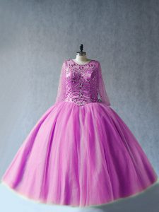 Sexy Lilac Long Sleeves Tulle Lace Up 15 Quinceanera Dress for Sweet 16 and Quinceanera