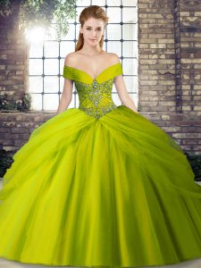 Wonderful Olive Green Sleeveless Brush Train Beading and Pick Ups Vestidos de Quinceanera